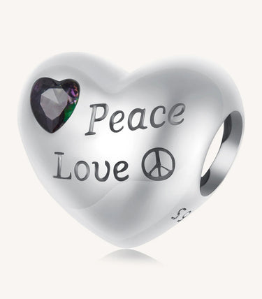 Сребърен талисман сърце с преливащ циркон, надпис „Peace Love“ и символ на мира