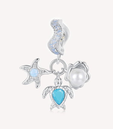 Сребърна висулка с морска звезда, морска костенурка, перла, тюркоаз и син опал