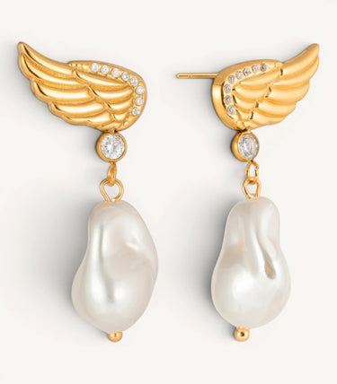 Висящи обеци на винт от медицинска стомана със златисто покритие, крило с бели циркони и барокова перла