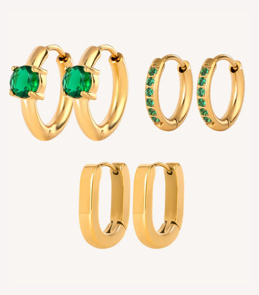 Троен сет обеци халки със зелени циркони