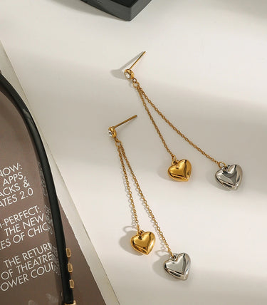 Висящи обеци на винт сърца и бял циркон